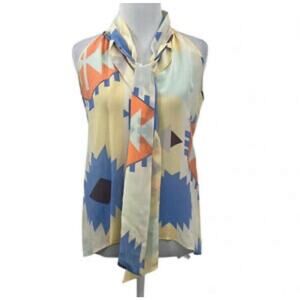 Hunter Dixon Yellow USA made Blouse‎ Tie Neckline Button Front Silk M A001846